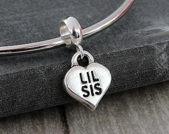 Little Sister European Charm, 925 Sterling Silver Little Sister Heart Charm, Sister Charm, Large Hole Bead, Little Sister Gift Jewelry