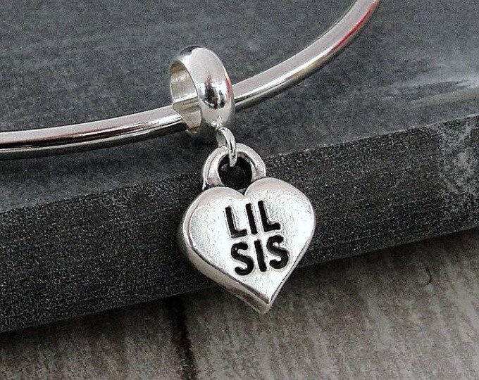 Little Sister European Charm, 925 Sterling Silver Little Sister Heart Charm, Sister Charm, Large Hole Bead, Little Sister Gift Jewelry