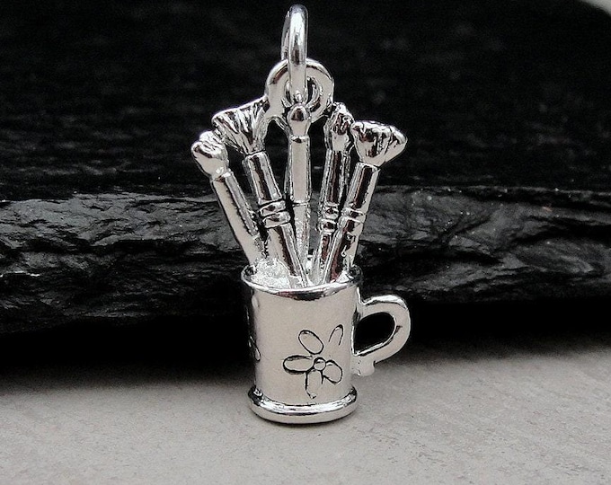 Silver Artist Paintbrush Charm, Artist Charm, Painter Charm, Art Supplies Charm, 3D Artist Paint Cup Charm, Gift for Painter, Artist Gift