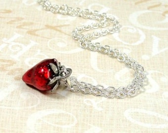 Red Strawberry Necklace, Silver and Red Enameled Strawberry Charm on a Silver Cable Chain