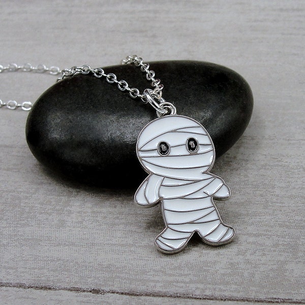 Mummy Necklace, Silver and White Enamel Mummy Charm Necklace, Spooky Halloween Charm Necklace, Halloween Jewelry