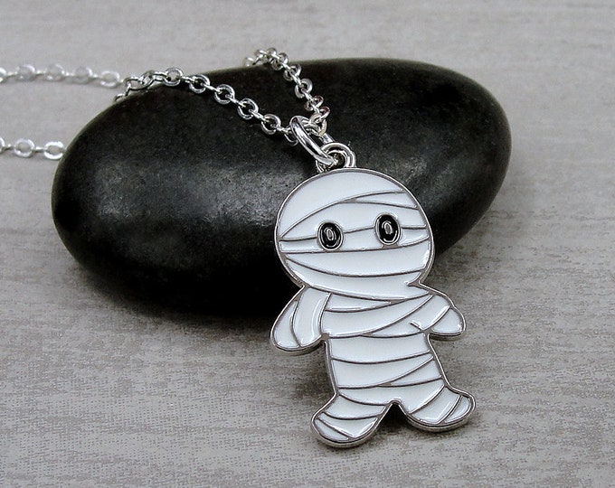 Mummy Necklace, Silver and White Enamel Mummy Charm Necklace, Spooky Halloween Charm Necklace, Halloween Jewelry