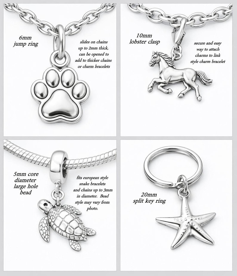The image is a collage of four different charms, each with unique designs and sizes. The charms include a jump ring, a lobster clasp, a turtle, and a starfish.