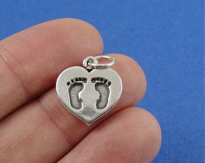 Heart with Baby Feet Charm - Sterling Silver Heart with Baby Feet Charm for Necklace or Bracelet