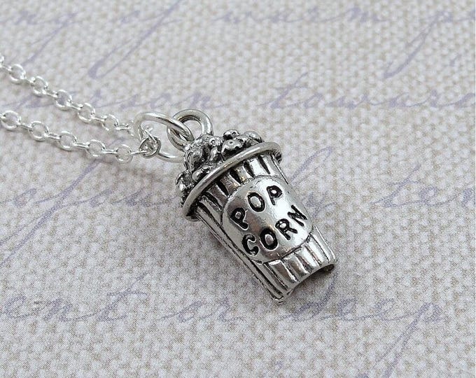 Movie Popcorn Necklace, Silver Plated Popcorn Charm Necklace, Movie Theater Charm Necklace, Snack Food Charm Necklace