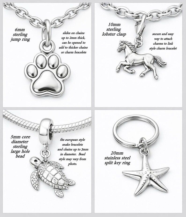 The image is a collage of four different charms, each with unique designs and sizes. The charms include a lobster clasp, a key ring, a turtle, and a starfish.
