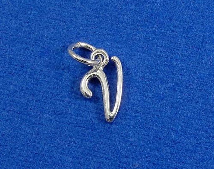 Script Letter V Initial Charm - Sterling Silver Cursive Letter V Alphabet Charm