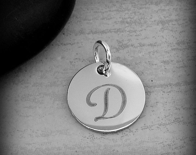 Stainless Steel Letter D Charm, Silver Engraved Letter D Round Disc Initial Charm, Cursive D Charm, Engraved Alphabet Script Font Pendant