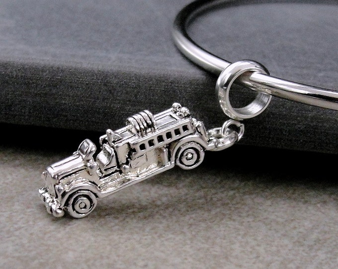 Fire Engine European Charm, Silver Firetruck Dangle Charm, Fire Engine Charm with Bail, Firefighter Charm, Firefighter Gift, Large Hole Bead