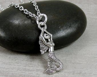 Mermaid Necklace, Silver Plated Mermaid Charm on a Silver Cable Chain