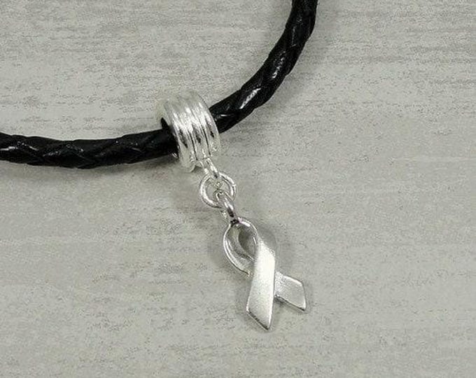 CLOSEOUT - Silver Awareness Ribbon European Charm - Silver Awareness Dangle Charm - Silver Awareness Ribbon Large Hole Bead