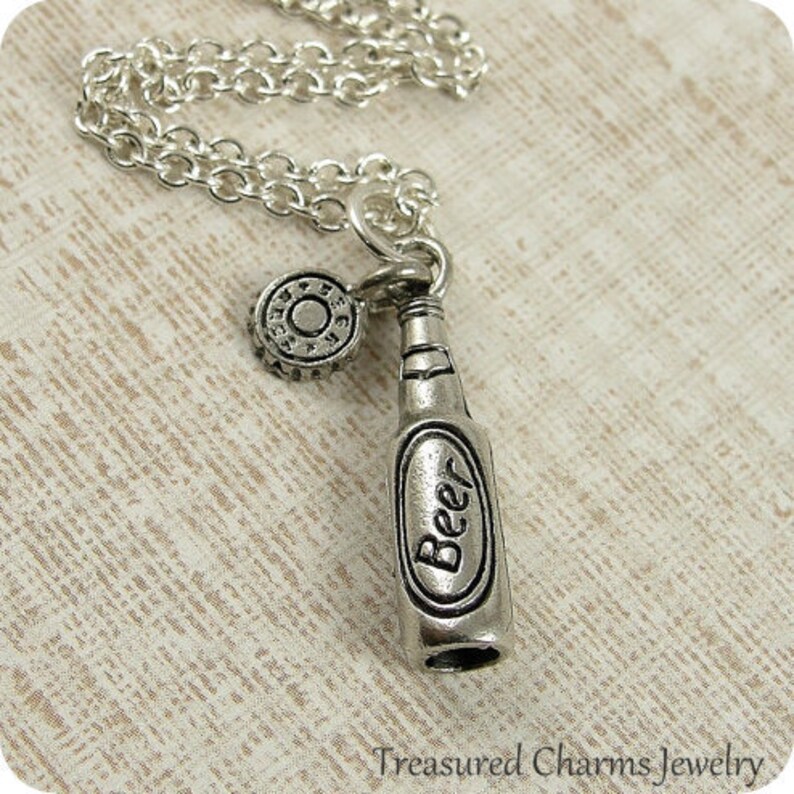 Beer Bottle Necklace Silver Plated Charm on a 17 Inch Cable Etsy