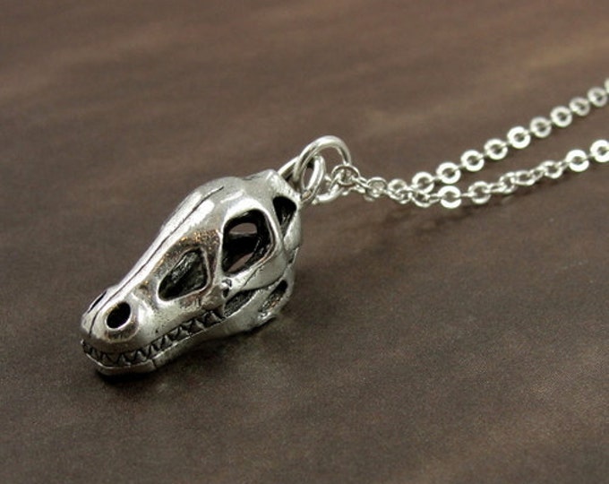 Dinosaur Fossil Skull Necklace, Silver Dinosaur Skull Charm on a Silver Cable Chain
