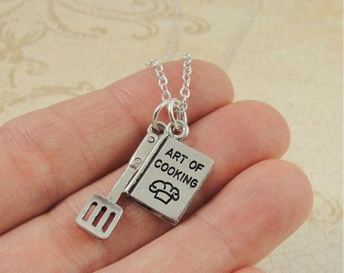 Bakers Cookbook and Spatula Necklace, Silver Plated Bakers Charm on a Silver Cable Chain