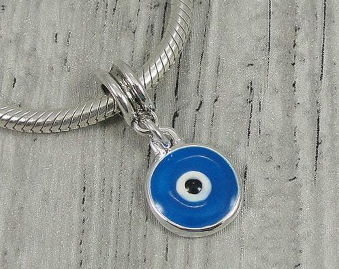 Blue Evil Eye European Dangle Bead Charm - Silver and Blue Evil Eye Charm for European Bracelet