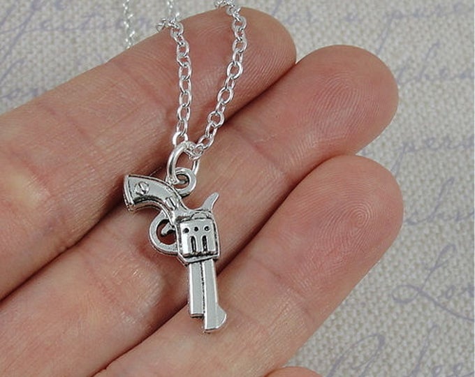 Pistol Necklace, Silver Pistol Revolver Charm on a Silver Cable Chain