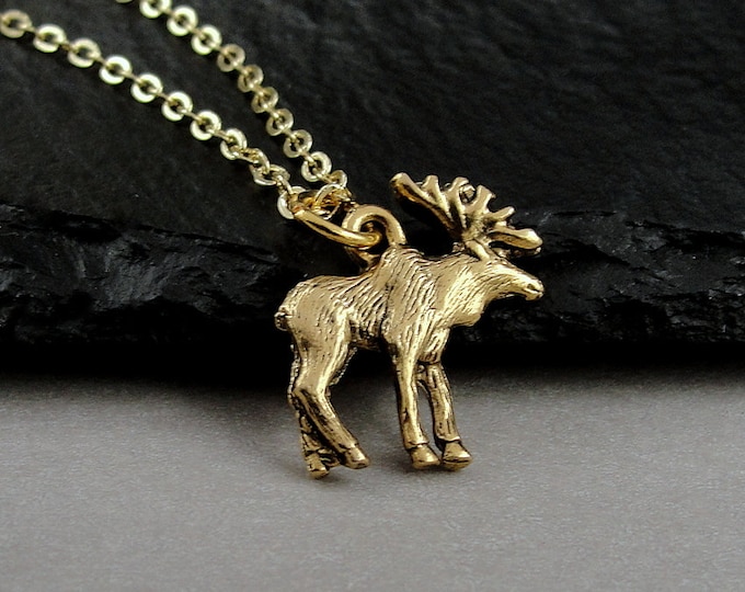 Gold Moose Necklace, Gold Elk Moose Charm Necklace, Canadian Moose Necklace, Alaskan Moose Necklace, Wild Animal Jewelry, Moose Gift
