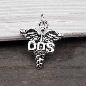 Silver DDS Caduceus Charm, Dentist Charm, Dental Symbol Charm, Dentist Gift, DDS Gift, Dentist Necklace Charm, Denist Jewelry