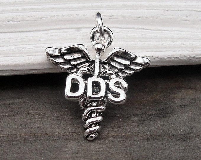 Silver DDS Caduceus Charm, Dentist Charm, Dental Symbol Charm, Dentist Gift, DDS Gift, Dentist Necklace Charm, Denist Jewelry