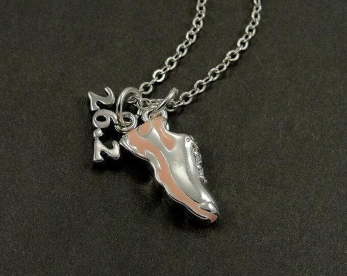 CLOSEOUT, Marathon Running Shoe Necklace, Silver and Light Pink 26.2 Marathon Shoe Charm on a Silver Cable Chain