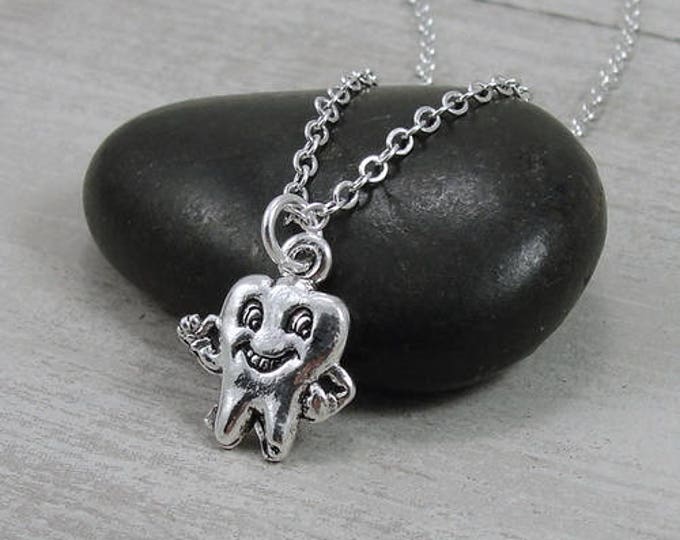 Tooth Necklace, Silver Smiling Tooth Charm on a Silver Cable Chain