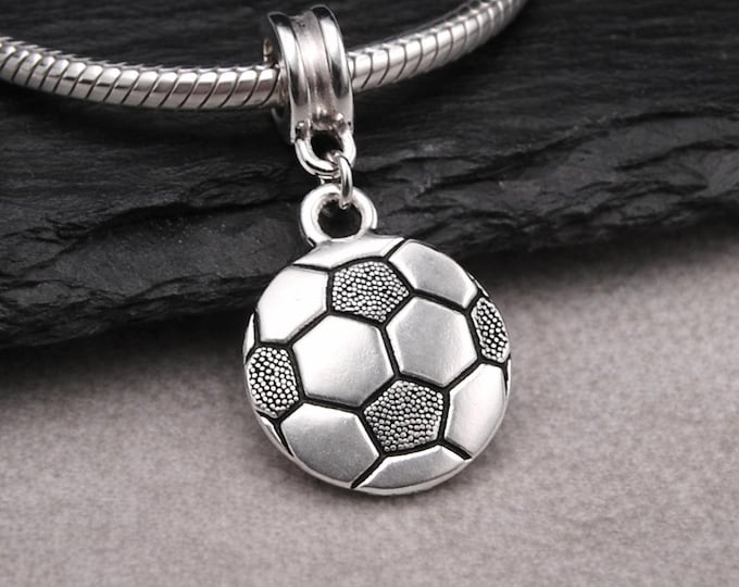Silver Soccer Ball Charm for European Bracelet, Sports Dangle Charm, Double-sided Ball Pendant with Large Hole Bead Bail