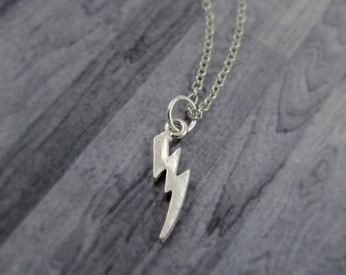 Lightning Bolt Necklace, Silver Plated Lightning Bolt Charm on a Silver Cable Chain