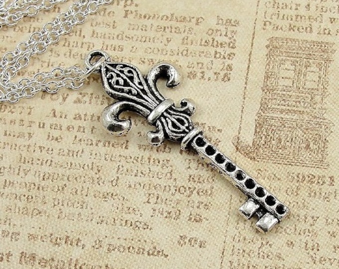 Fleur De Lys Key, Silver Plated Fleur De Lis Pendant on a Silver Cable Chain