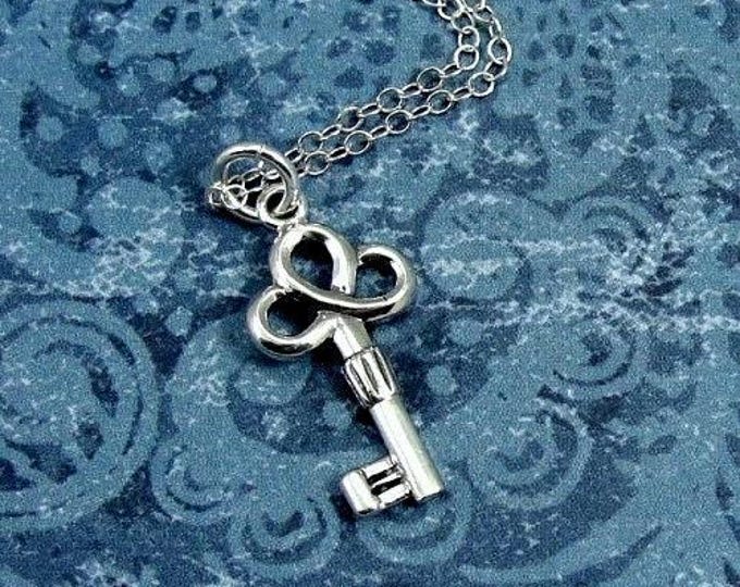 Tiny Lucky Key Necklace, Sterling Silver Clover Key Charm on a Silver Cable Chain