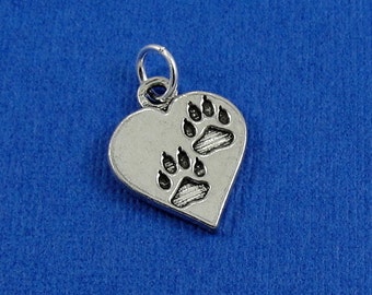 CLOSEOUT - Heart with Paw Prints Charm - Silver Pet Lover Charm for Necklace or Bracelet