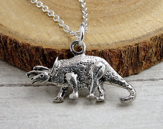 Triceratops Necklace, Silver Plated Triceratops Charm Necklace, Dinosaur Charm, Dinosaur Necklace, Dinosaur Gift, Dinosaur Jewelry