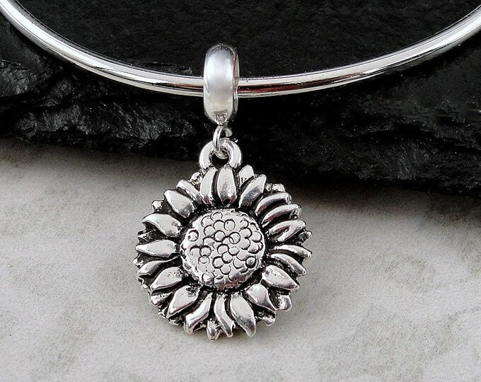 Sunflower European Charm, Silver Sunflower Dangle Charm, Sunflower Charm with Bail, Daisy Charm, Spring Flower Charm, Black Eyed Susan Charm