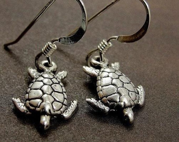 Tiny Sea Turtle Earrings, Sterling Silver