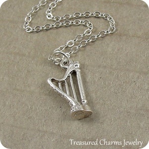 Harp Necklace, Silver Musical Harp Charm on a Silver Cable Chain