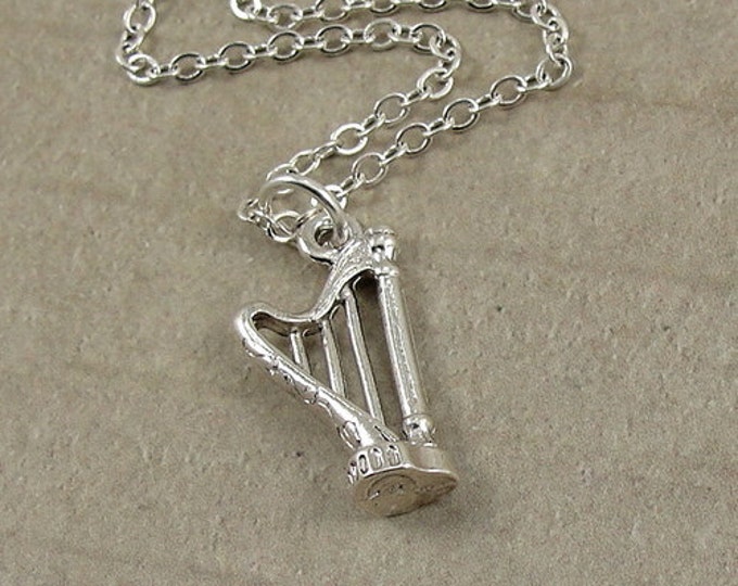 Harp Necklace, Silver Musical Harp Charm on a Silver Cable Chain