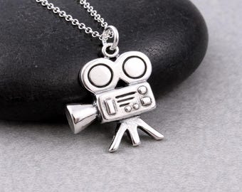 Sterling Silver Movie Camera Necklace, Movie Producer Charm, Hollywood Pendant, Film Producer Jewelry