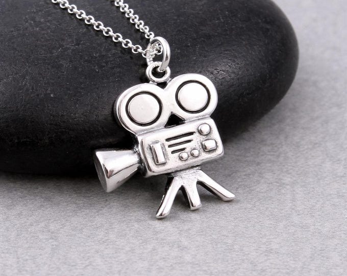 Sterling Silver Movie Camera Necklace, Movie Producer Charm, Hollywood Pendant, Film Producer Jewelry