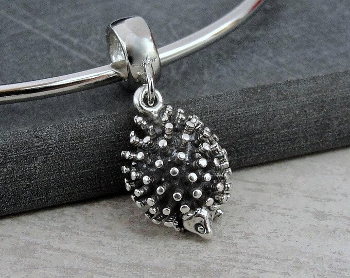 Hedgehog European Charm, Sterling Silver 3D Hedgehog Dangle Charm, Porcupine Charm with Bail, Snake Bracelet Charm, Large Hole Bead