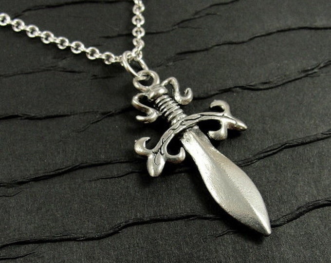Medieval Dagger Necklace, Silver Dagger Sword Charm on a Silver Cable Chain