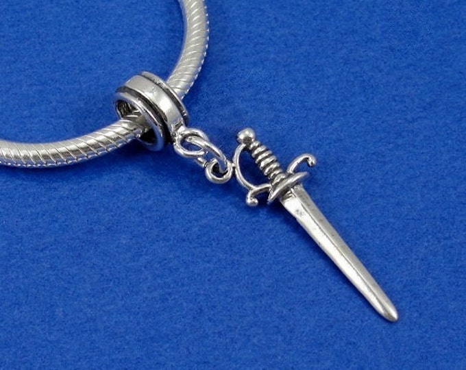 Sword European Dangle Bead Charm - Sterling Silver Dagger Sword Charm for European Bracelet