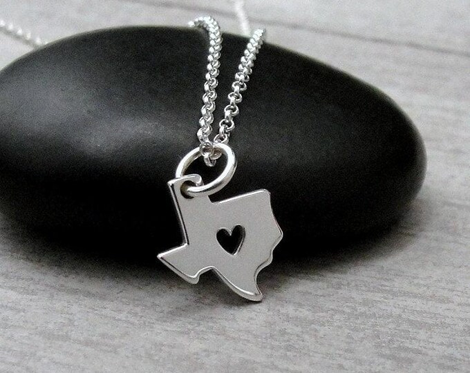 Texas Heart Necklace, Sterling Silver Texas State Charm on a Silver Cable Chain, Love Texas Charm Necklace, Texas Gift, Texas Jewelry