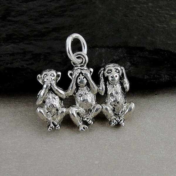 Three Wise Monkeys Charm, Silver No Evil Monkey Charm, See Hear Speak No Evil Charm, Monkey Charm, Necklace Charm, Bracelet Charm