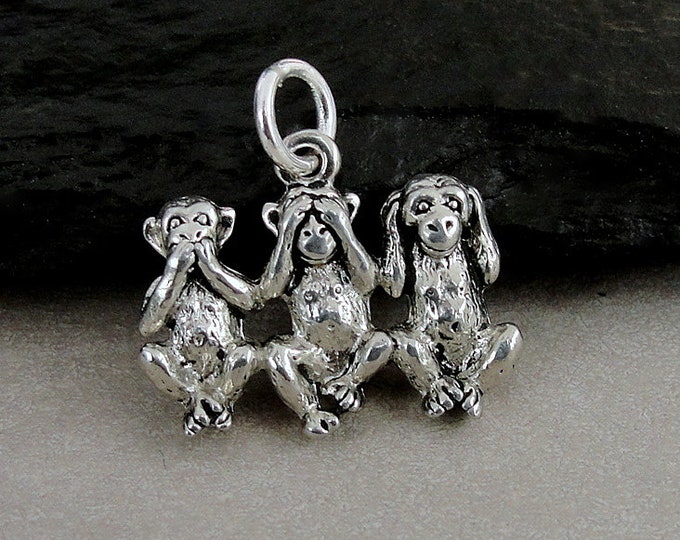 Three Wise Monkeys Charm, Silver No Evil Monkey Charm, See Hear Speak No Evil Charm, Monkey Charm, Necklace Charm, Bracelet Charm