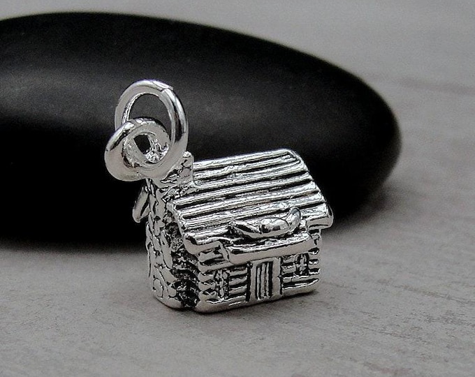 Log Cabin Charm, Silver Rustic Cottage Charm for Necklace or Bracelet, Country Charm, 3D Log Cabin Pendant, Chalet Charm, Camping Charm