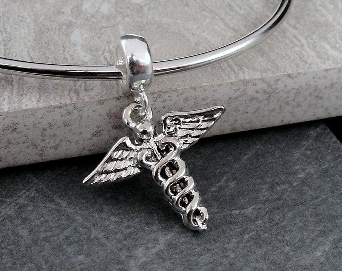 Medical Caduceus European Charm, Silver Medical Symbol Dangle Charm, Caduceus Charm with Bail, Doctor Charm, Nurse Charm, Medical Pendant