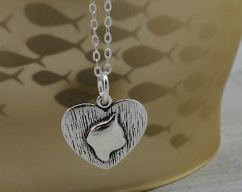 Sterling Silver Heart Shaped Cat Necklace, Cat Silhouette Necklace, Cat Heart Charm, Cat inside Heart Pendant Jewelry