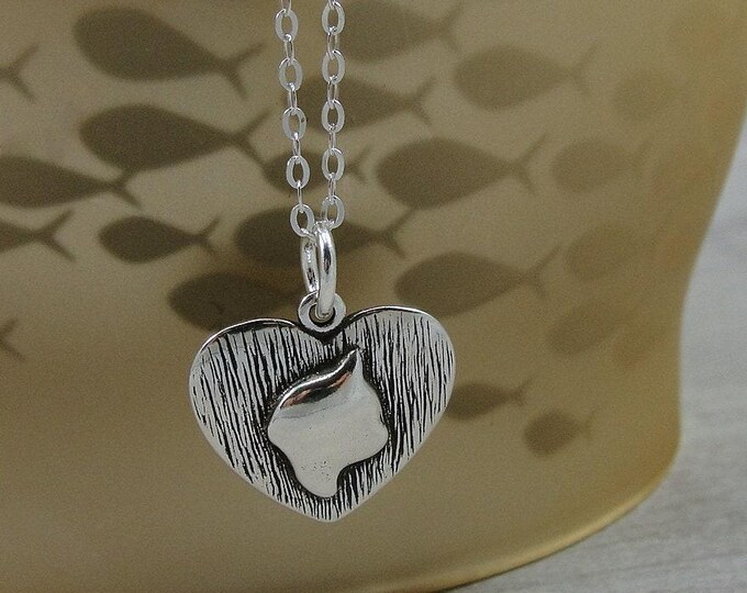 Sterling Silver Heart Shaped Cat Necklace, Cat Silhouette Necklace, Cat Heart Charm, Cat inside Heart Pendant Jewelry