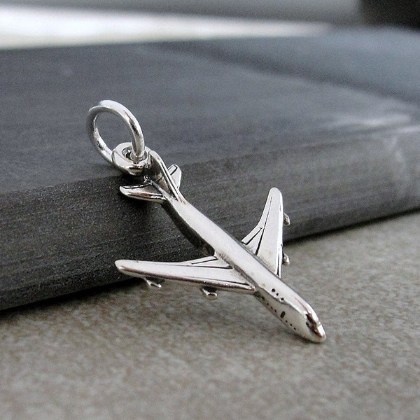 Airplane Charm, 925 Sterling Silver 3D Airplane Necklace Charm, Jet Plane Charm, Boeing 747 Charm, Pilot Charm, Flight Attendant Charm