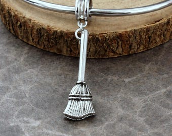 Witch's Broom European Charm, Silver Broomstick Pendant with Bail, Halloween Charms, Large Hole Bead