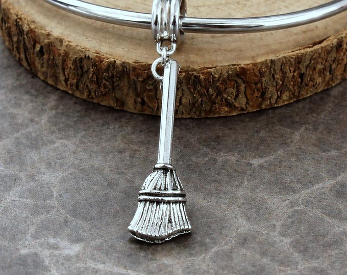 Witch's Broom European Charm, Silver Broomstick Pendant with Bail, Halloween Charms, Large Hole Bead